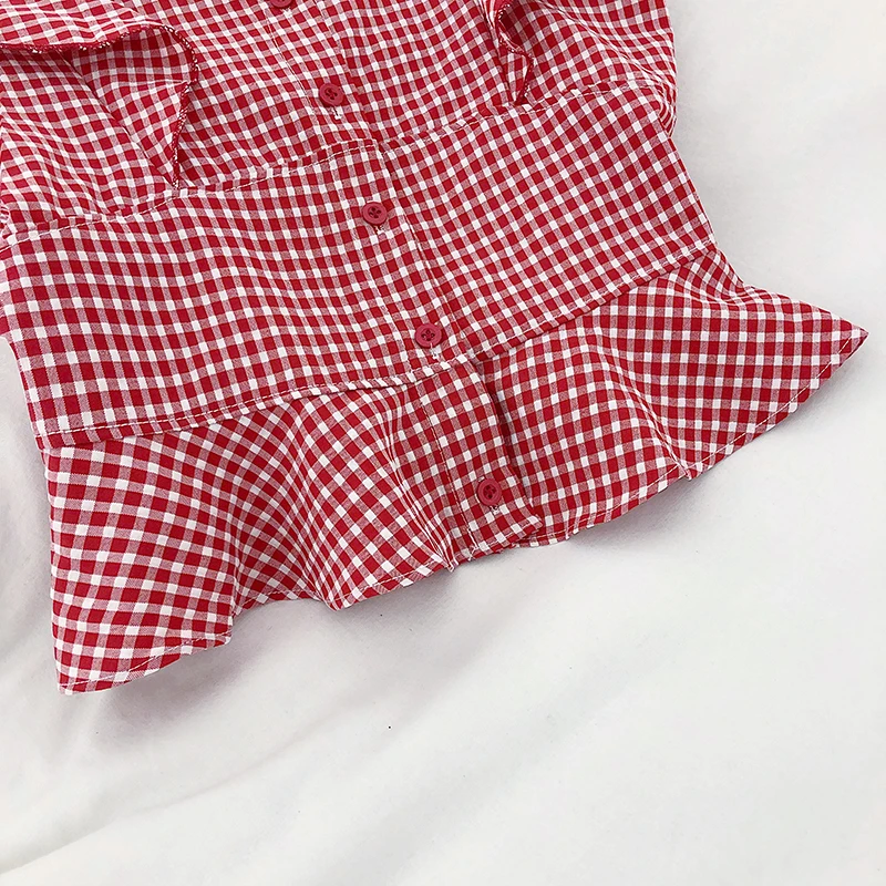 Весенне летний клетчатый жилет в Корейском стиле с оборками и круглым вырезом