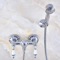 polished chrome brass wall mounted bathroom hand held shower head faucet set mixer tap dual ceramic handles mna784