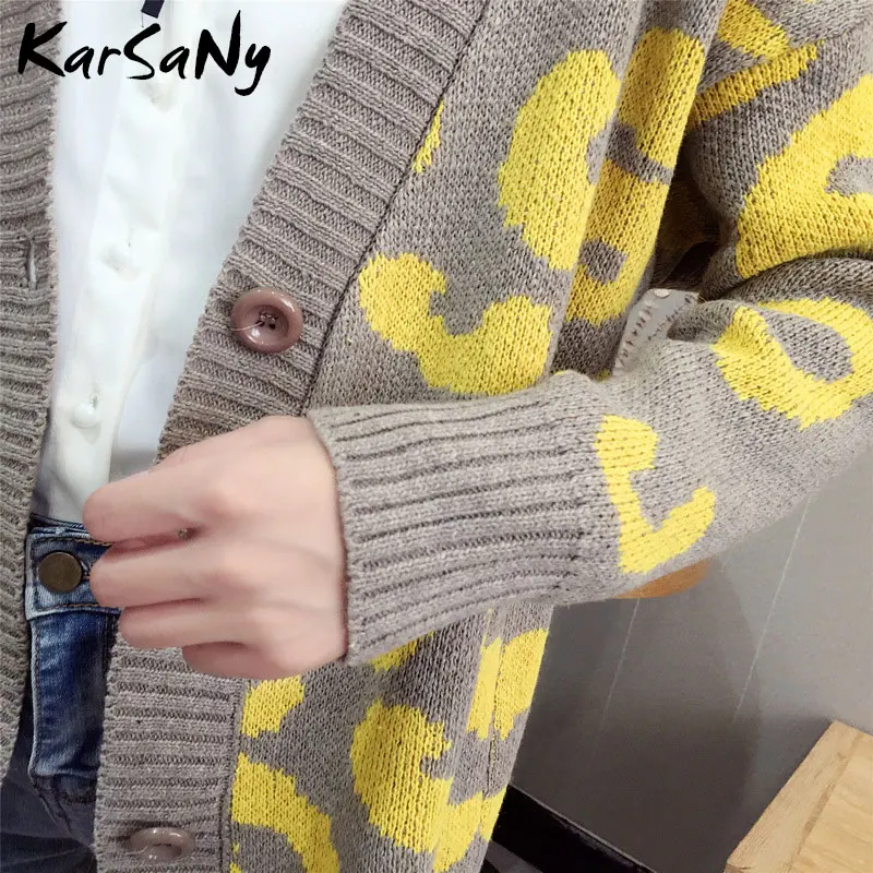 Autumn Leopard Cardigan Women Knitwear Button Yellow Long Print Sweater Knitted Blue Female Cardigans Top |