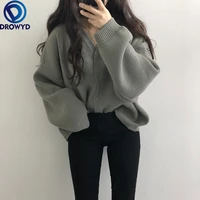fashion 2021 retro warm knitted jacket cardigan sweater women loose black long sleeve single breasted v neck thick sweater top