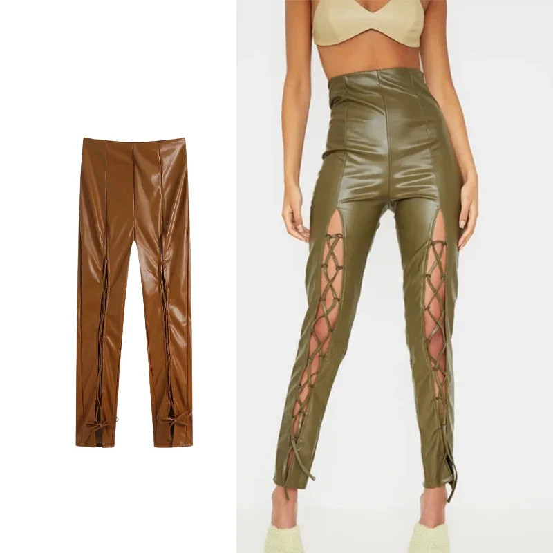 

TRAF Za 2021 Women Pants Autumn New Hollow Leather Pants For Women Casual Fashion Solid Color Trousers