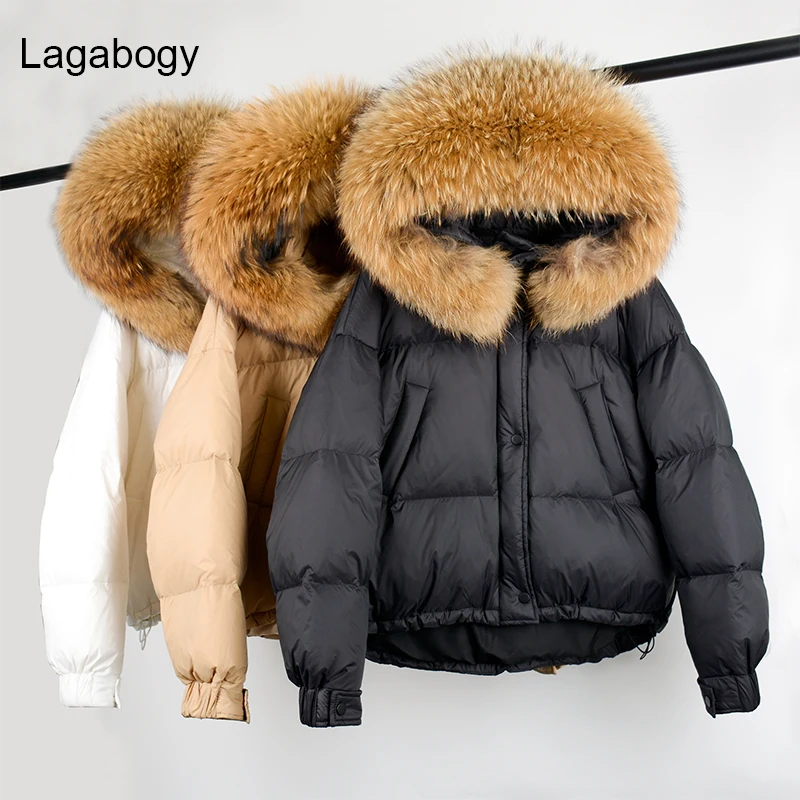 Пуховик Lagabogy женский с капюшоном теплая свободная парка на белом утином пуху