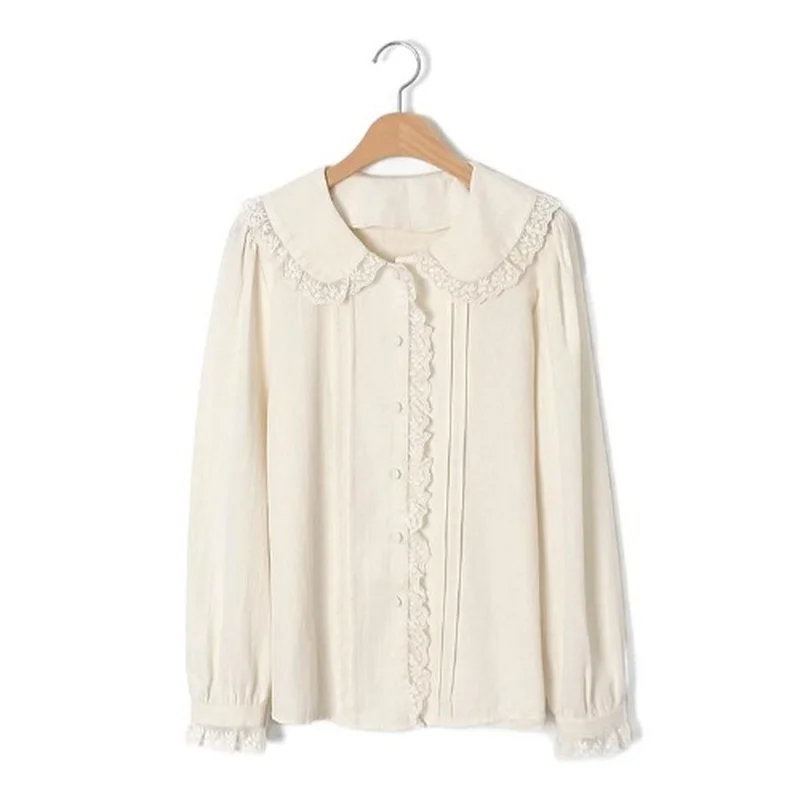 

Korean Sweet Lace Collar All-match Long Sleeve Solid Shirts Simple Temperament Blouse Fashion Exquisite Femme Blusas Spring 2021