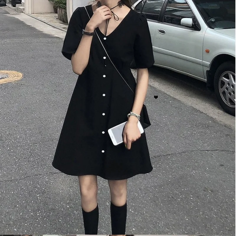 

French V-neck Short Sleeve Dress Women Solid Button Design Casual Party Dress Female Korean One-piece Dress Kawaii Vintage 2021