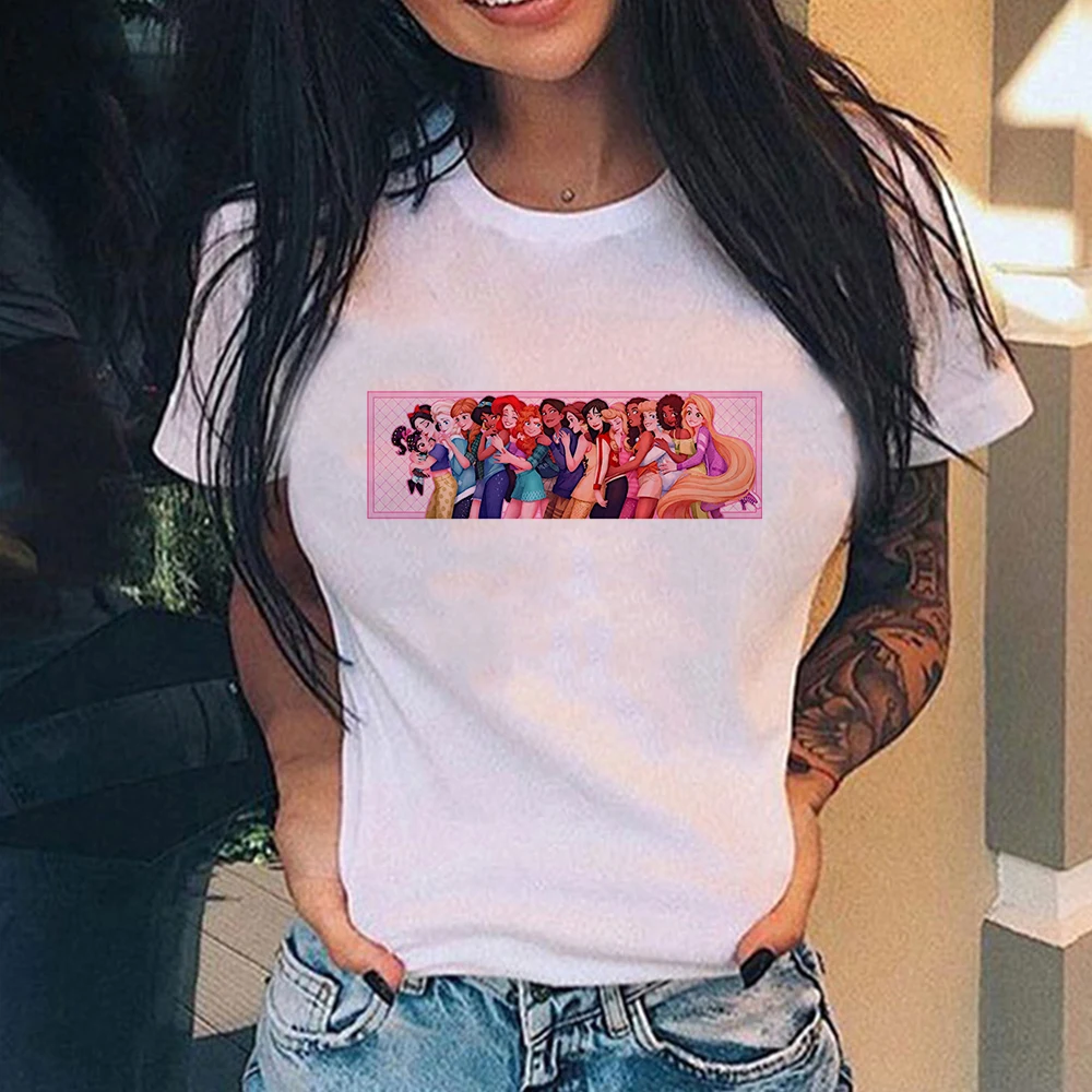 

Women Harajuku Disney Cartoon T-shirt Happy Princesses Short Sleeve Trend Streetwear Vintage T Shirt Casual White Autumn Tshirt