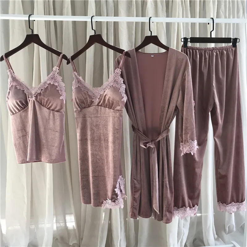 Осенняя Новинка золотой бархатный мягкий комплект из 4 предметов женский халат