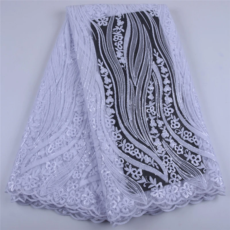 

White Milk Silk Mesh Lace Fabric Nigerian Embroidery Lace Fabric French With Sequined Fabric For High quality Party Dress A1686