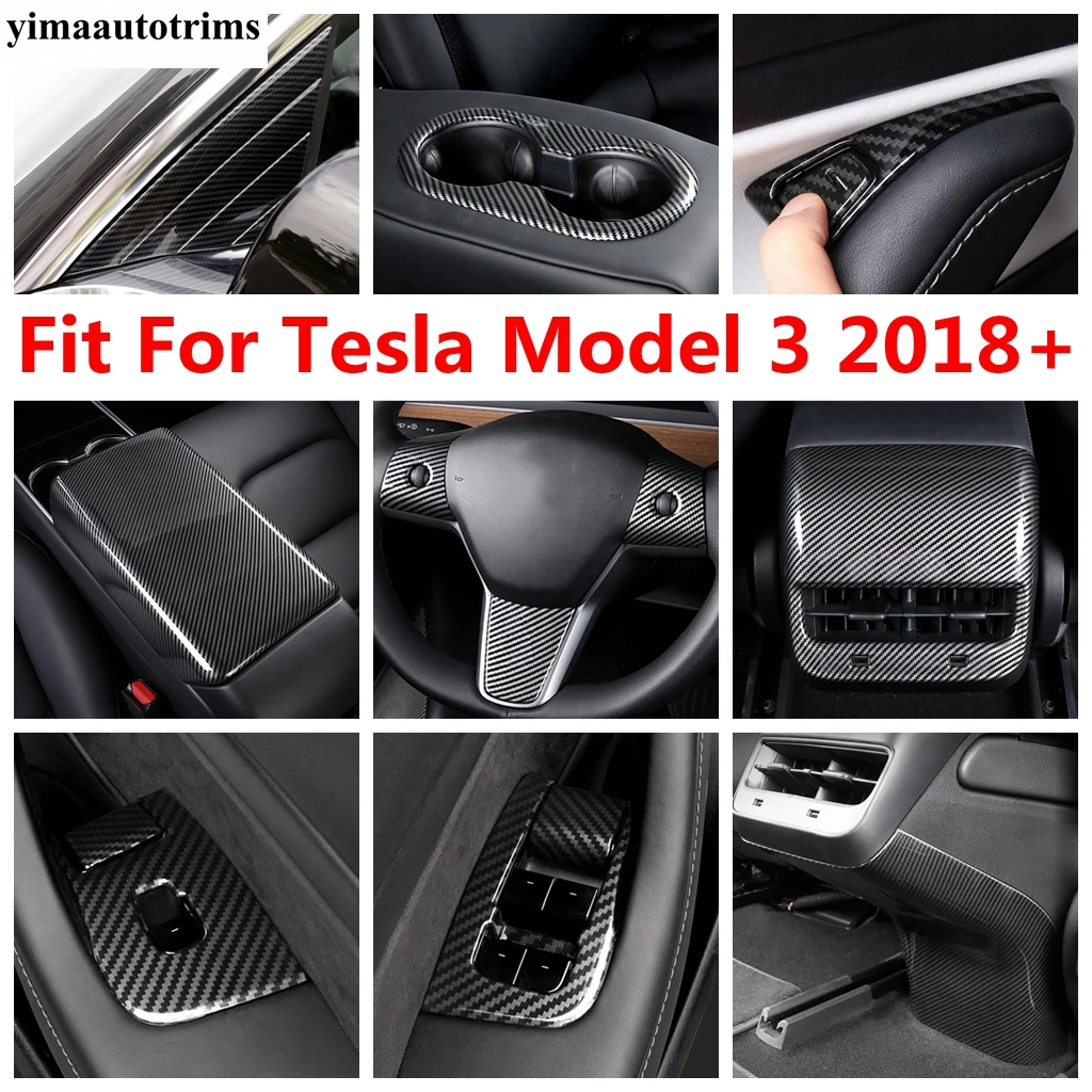 

Carbon Fiber Accessories For Tesla Model 3 2018 - 2021 Pillar A Rearview Mirror Sequins Decor Window Lift Rear Air AC Cover Trim