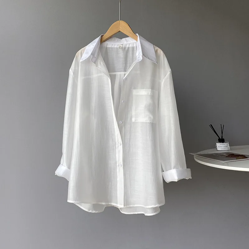 

Korean version texture slightly transparent Tencel white shirt female 2021 spring and summer long sleeve top thin shirt 767