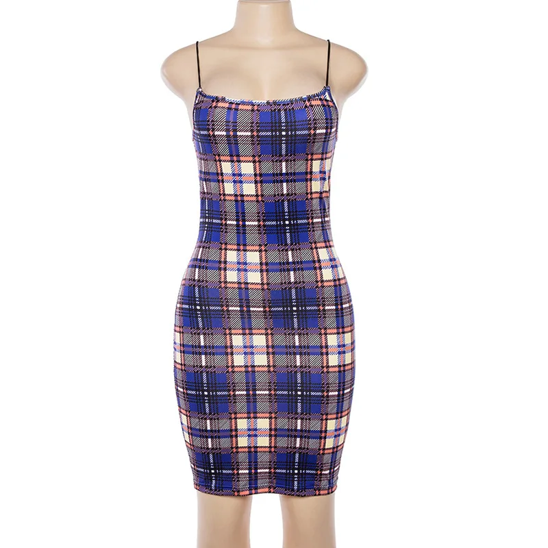 

2021 new club dress summer mini sleeveless women's dress with halter plaid contrast color midlength dress