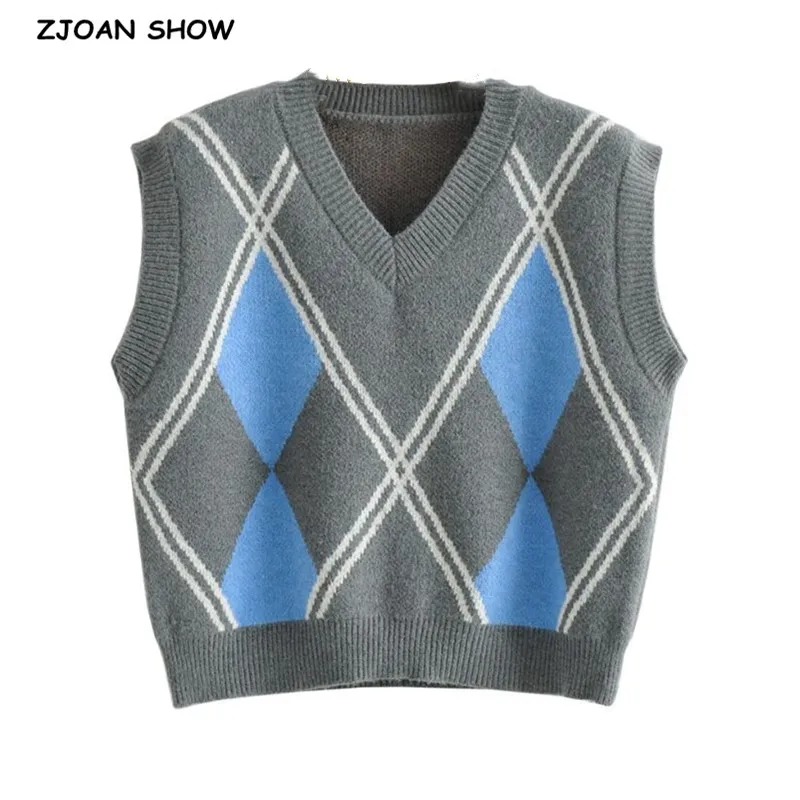 

2021 Preppy Style Grey Check Plaid Knitted Sweater Vest Women 90's Vintage Korean Clothes V Neck Tank Top Y2K Knitwear