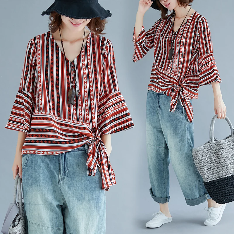 Женская хлопковая льняная блузка в полоску с V образным вырезом на пуговицах