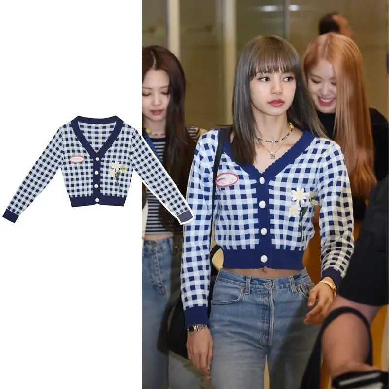 Kpop/корейские знаменитые милые голубые клетчатые толстовки с капюшоном и