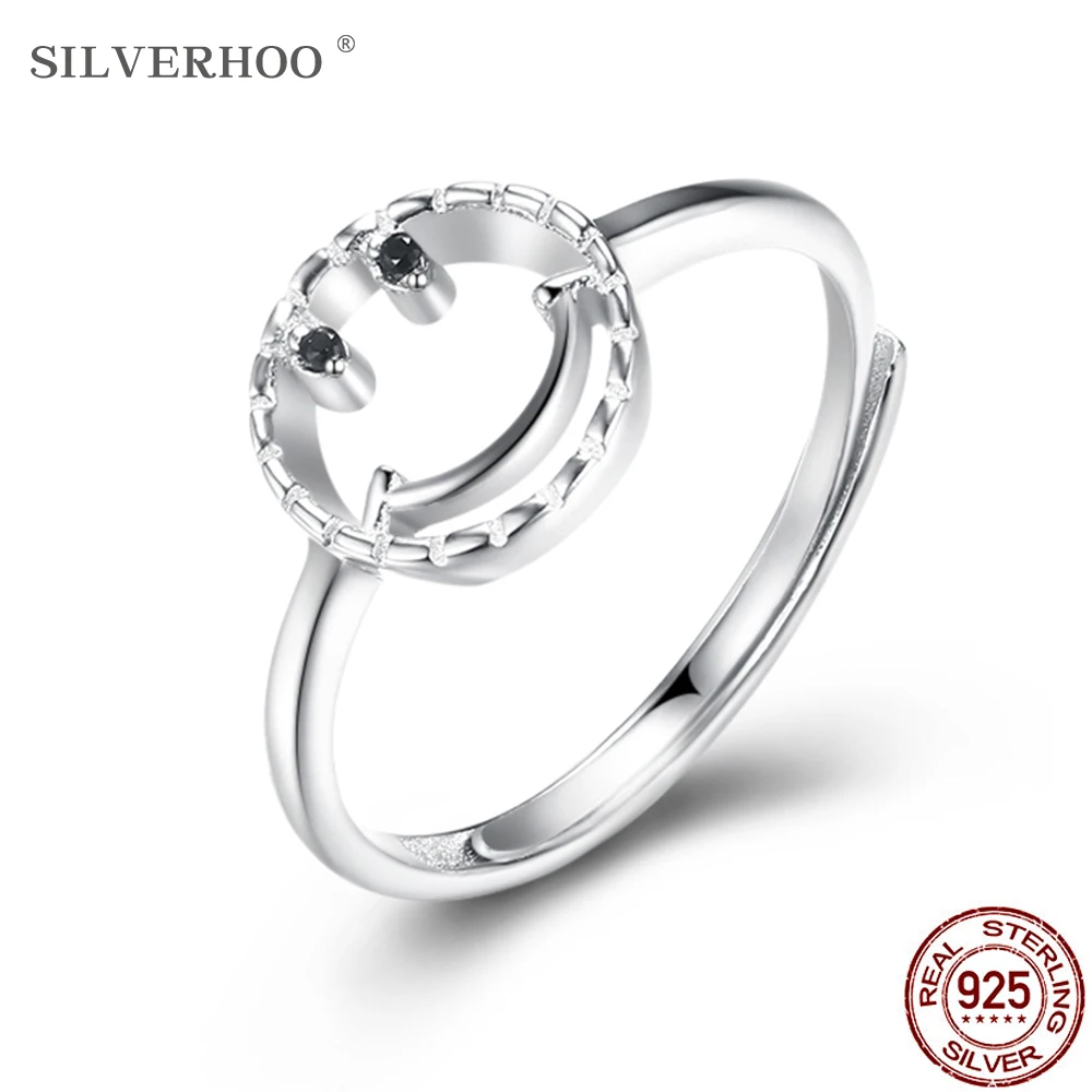 

SILVERHOO Sterling Silver Rings 925 Smiley Face Hollow Women Ring Adjustable Style Fine Jewelry Girlfriend Gift The New Listing