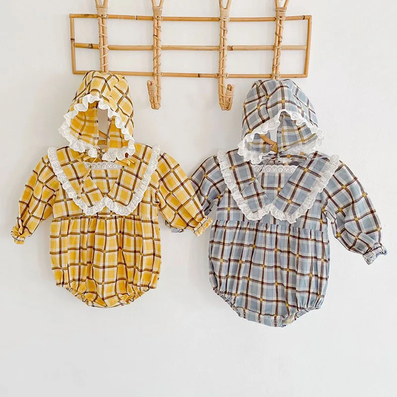 

0-3Yrs Infant Baby Rompers Baby Girls Grid Long Sleeve Lace Collar Clothes Rompers And Hat Spring Autumn Baby Girls Rompers