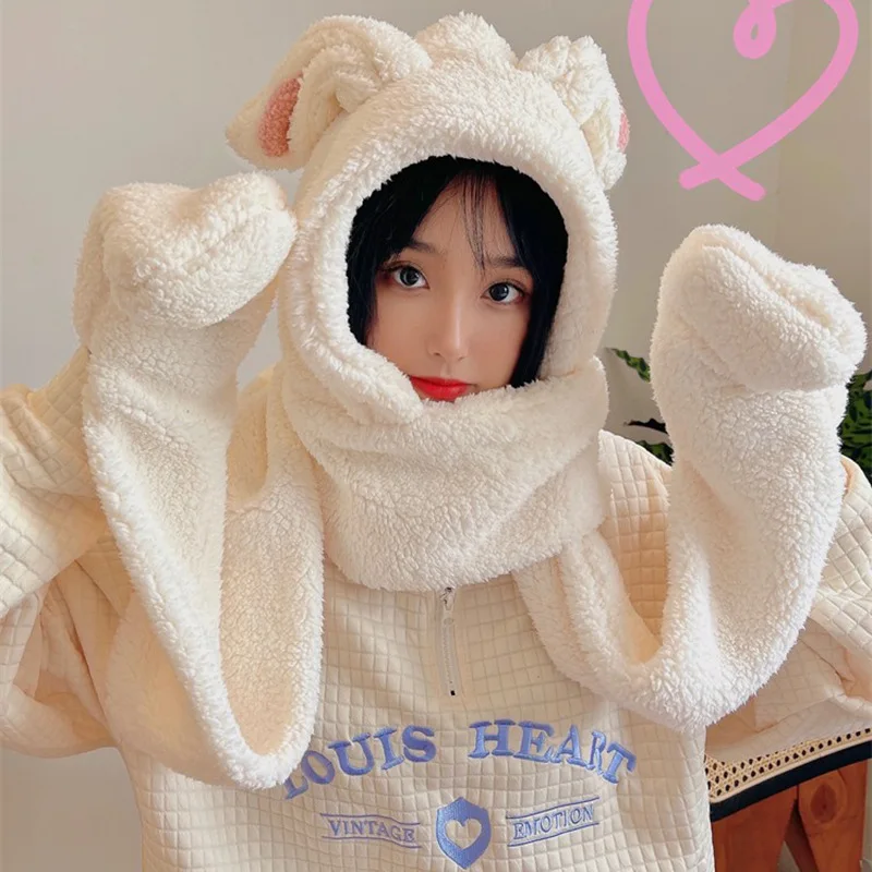 

Cartoon Rabbit Women's Skullies Beanie Hats Outdoor Lovely Winter Keep Warm Girl Hat Earflaps with Scarf and Golves One Set Cap