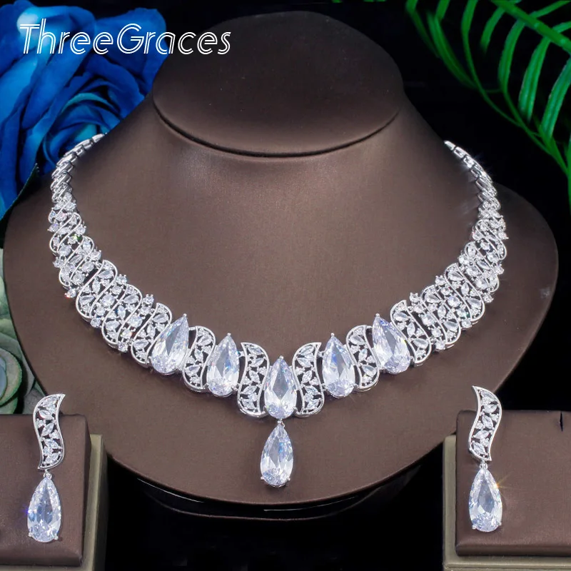 ThreeGraces сверкающие фианиты большие капли воды Висячие Серьги Ожерелье Свадебная вечеринка ювелирные комплекты для невест JS634