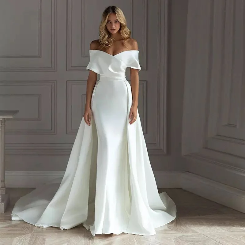 

TULX Elegant Wedding Dress 2 In 1 Detachable Train Sweetheart Satin Mermaid Vestido de Noiva 2022 Fashion Princess Bridal Gown