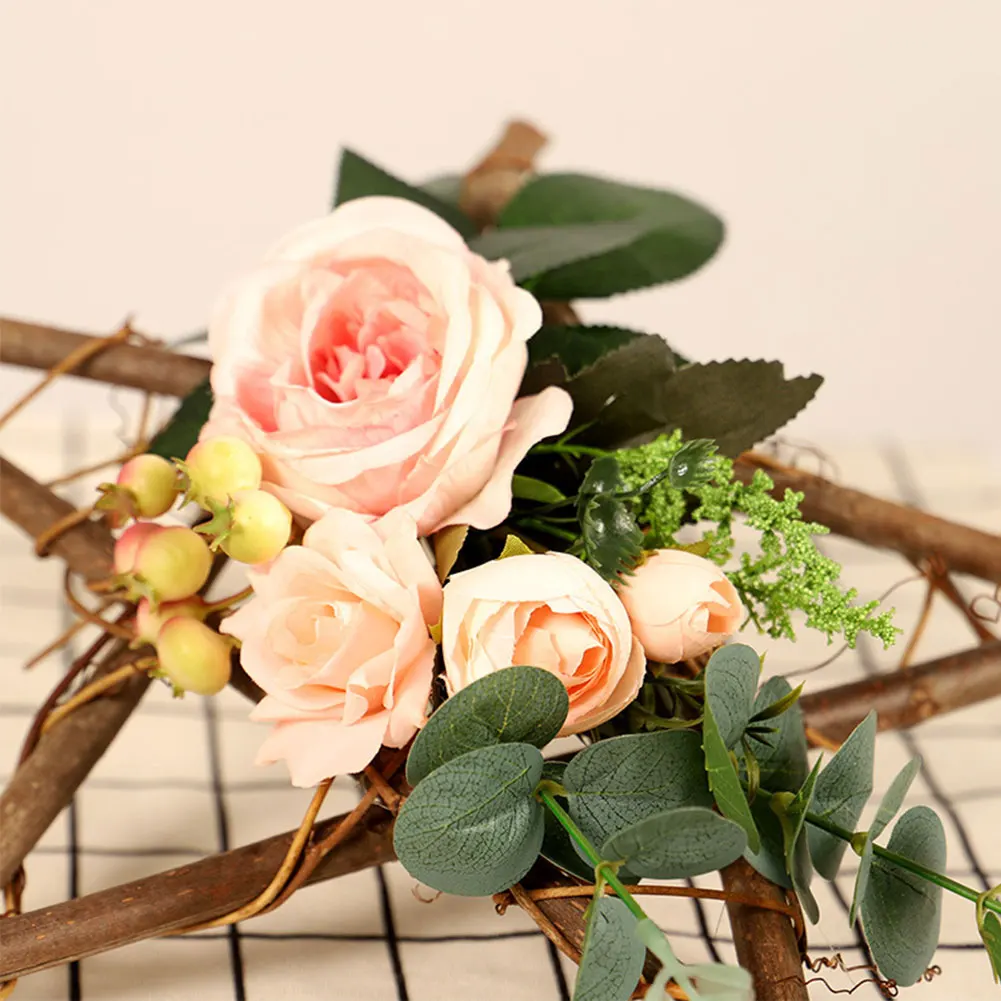 

2PCS Artificial Fake Wreaths Leaves Pentagram Rose Garland Pendant Flower Wreath Hanging Hoop Star Base Vine Wedding Wall Decor