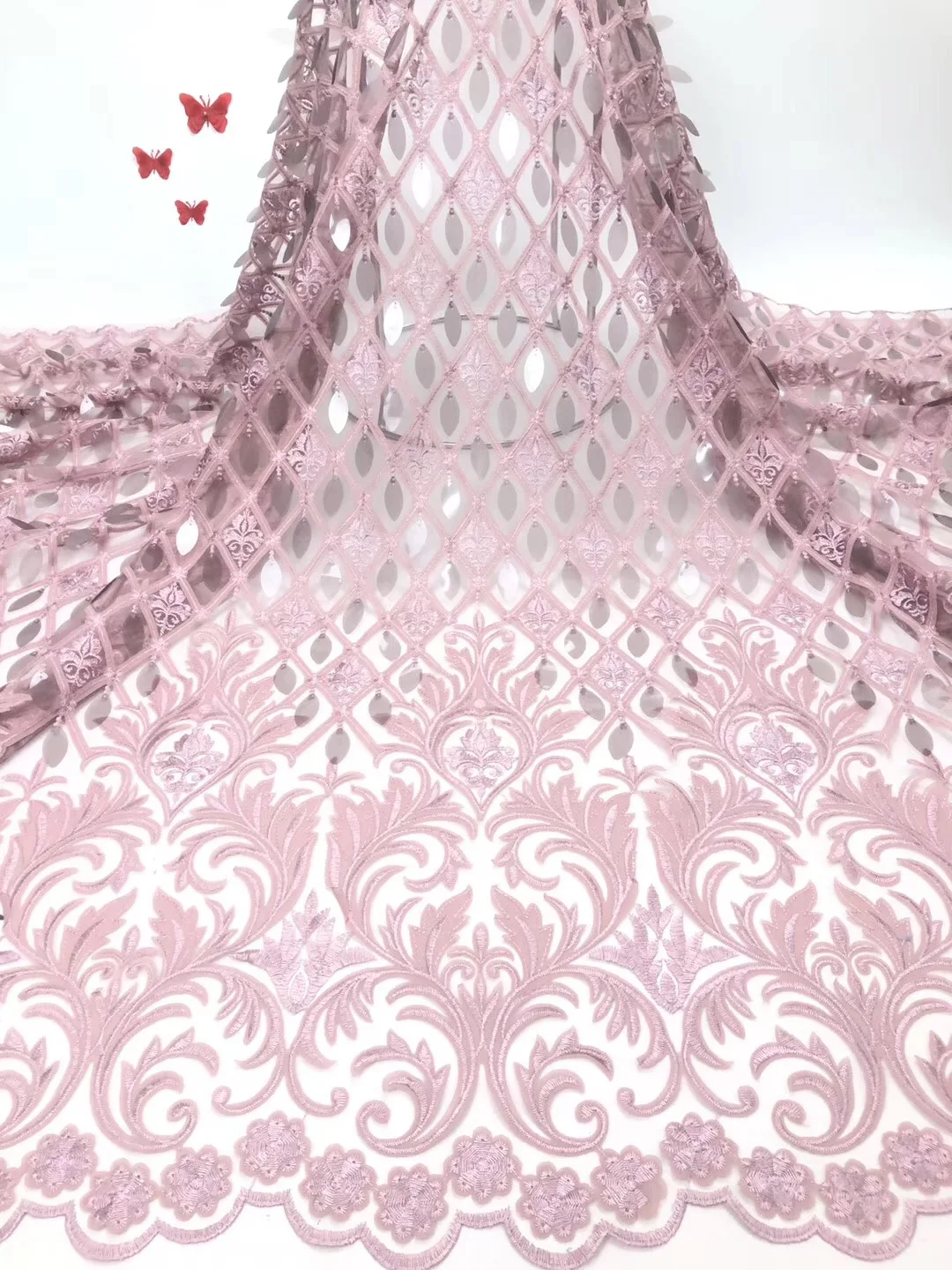 

2019 High quality african french tulle fabric with sequins in Purple color, Mest net lace fabric for nigerian women dress RF360