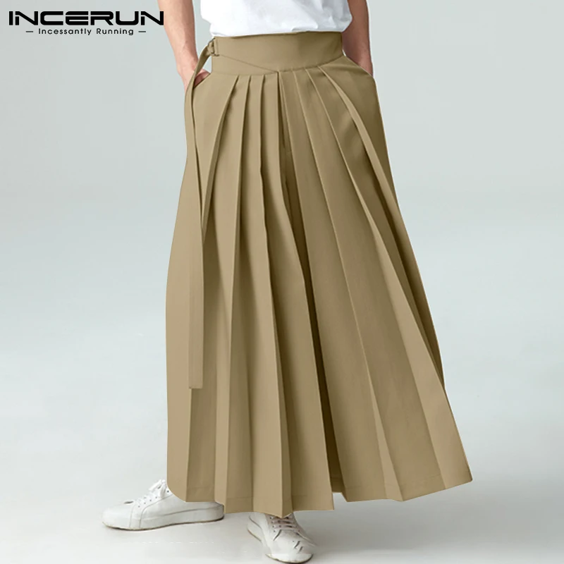 

Fashion Men Pants Pleated Solid Color Lace Up Pockets Wide Leg Trousers Men 2022 Streetwear Loose Casual Pantalon S-5XL INCERUN