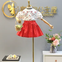 pretty little girls clothing set summer cherry embroidery short sleeve bouseskirt 2 pieces fashion korean children outfits set