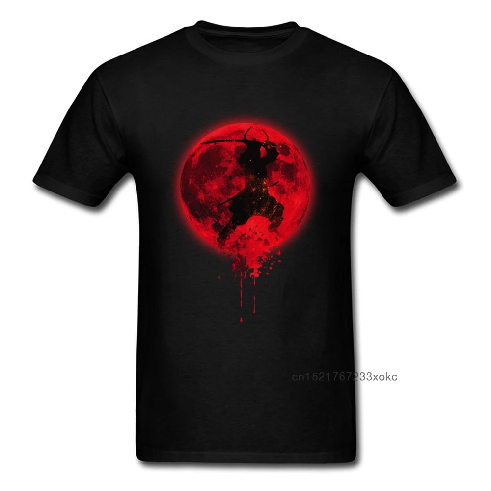 Крутая самурайская футболка с краской Красной Луны Черная Мужская коротким