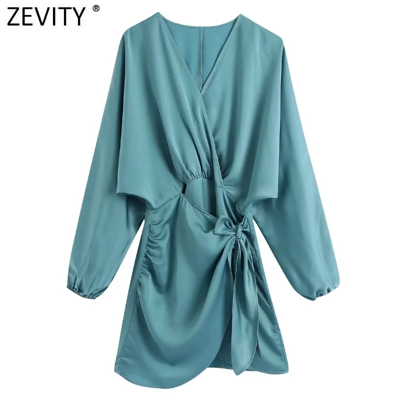 

Zevity 2022 New Women Fashion Cross V Neck Lace Up Satin Kimono Dress Office Lady Chic Long Sleeve Casual Slim Vestidos DS9093