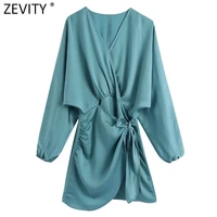 zevity 2022 new women fashion cross v neck lace up satin kimono dress office lady chic long sleeve casual slim vestidos ds9093
