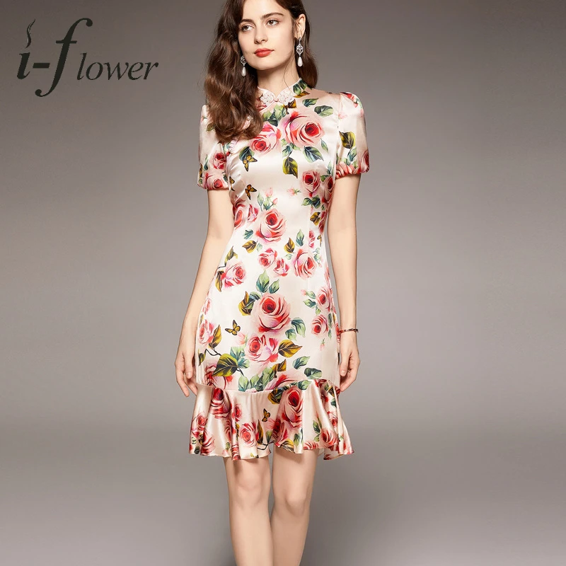 

100% Natural Mulberry Silk Dress Improved Cheongsam Chinese Style Satin Party Dress Mermaid Floral Bodycon Dresses Women 2022
