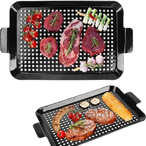 2PCS Grilling Pans BBQ Nonstick Barbecue Grilling Pan Stainless Steel BBQ Grill Griddle Accessories with Perforated Bottom