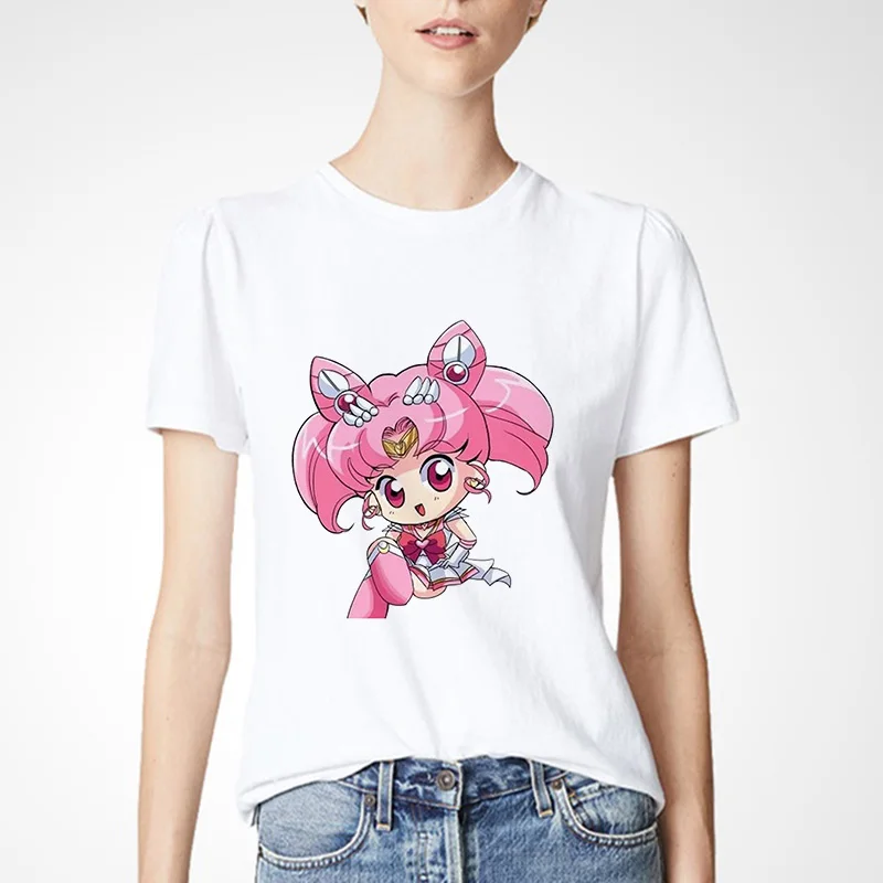 

2021 New Kawaii Sailor Moon Cartoon Print Tee Casual Harajuku Women T-shirt Summer White Round Neck Short Sleeves Female Clothes