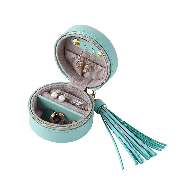 

Jewellery Casket Small Travel Round Jewelry Box Organizer Blue Portable Mini PU Leather Earrings Ring Necklace