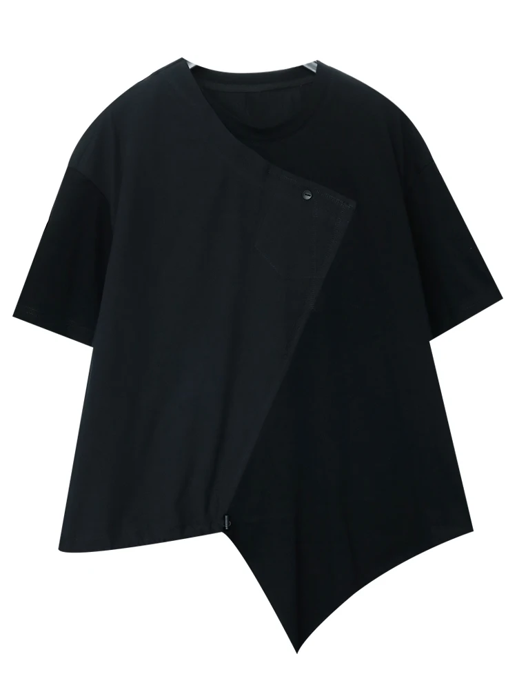 

[EAM] Women White Irregular Spliced Casual Big Size T-shirt New Round Neck Half Sleeve Fashion Tide Spring Summer 2021 1DE0594