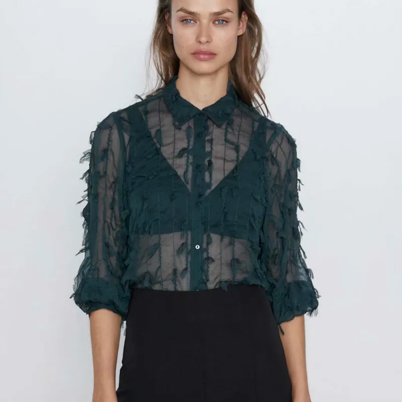 

Women Shirts Ladies Tops 2019 Long Sleeve Placket Spring Summer Blouse Casual Solid Shirt Geometric Turn-down Collar Tassel Full