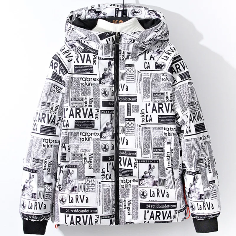 

Парка мужская зимняя с газетным принтом, в стиле хип-хоп, с капюшоном