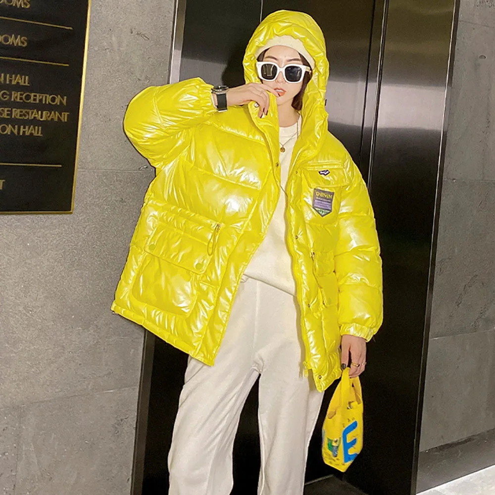 

Winter 2021 Fashion Hooded Glossy Down Cotton-Padded Coat Women Snow Outerwear Thick Warm Bright Shiny Parka Jacket