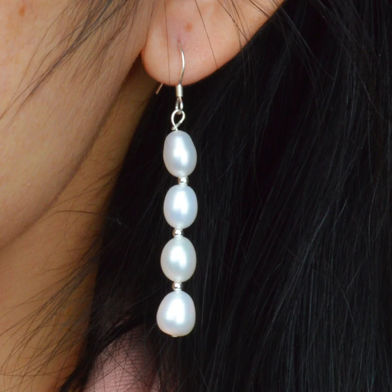 Женские длинные серьги капельки из серебра 925 пробы с натуральным пресноводным