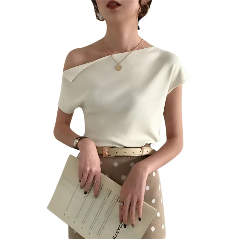 Топы на одно плечо Женский вязаный Топ в Корейском стиле летняя сексуальная