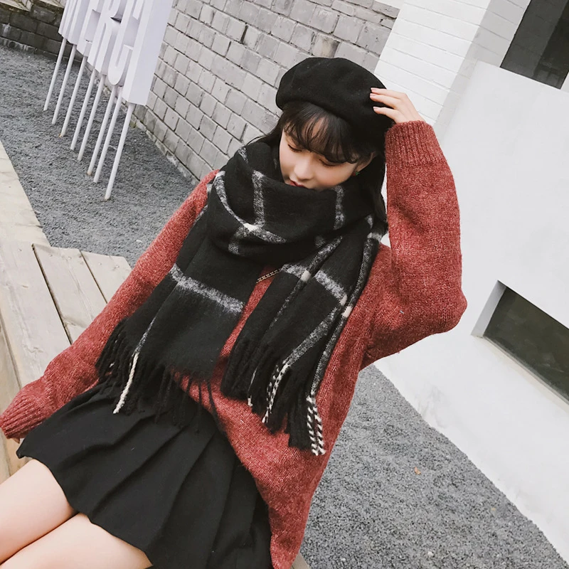 Осень-зима Новое поступление клетчатый шарф с кисточками Женская Толстая теплая