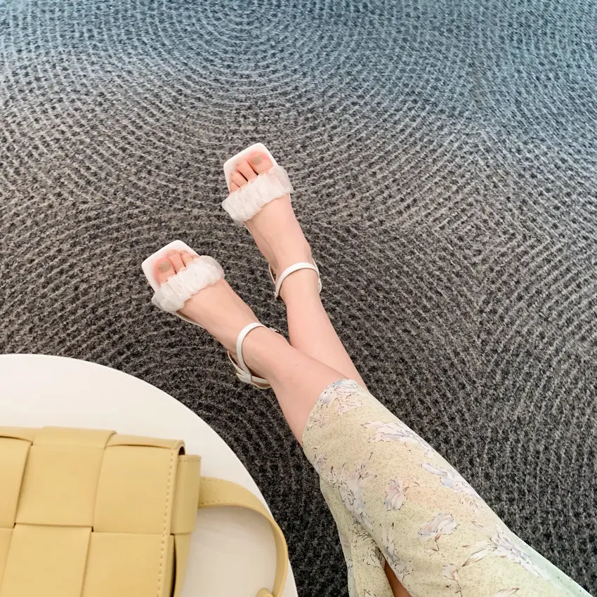 

QUTAA 2021 Mesh Genuine Leather Hollow Women Shoes Square High Heel Sandals Summer Ankle Strap Buckle Female Pumps Size 34-39