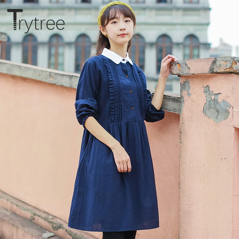 Trytree/осеннее женское платье повседневное однотонное с отложным воротником