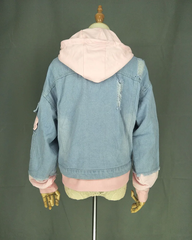 Осенняя джинсовая куртка с капюшоном для женщин Повседневная дырками винтажное