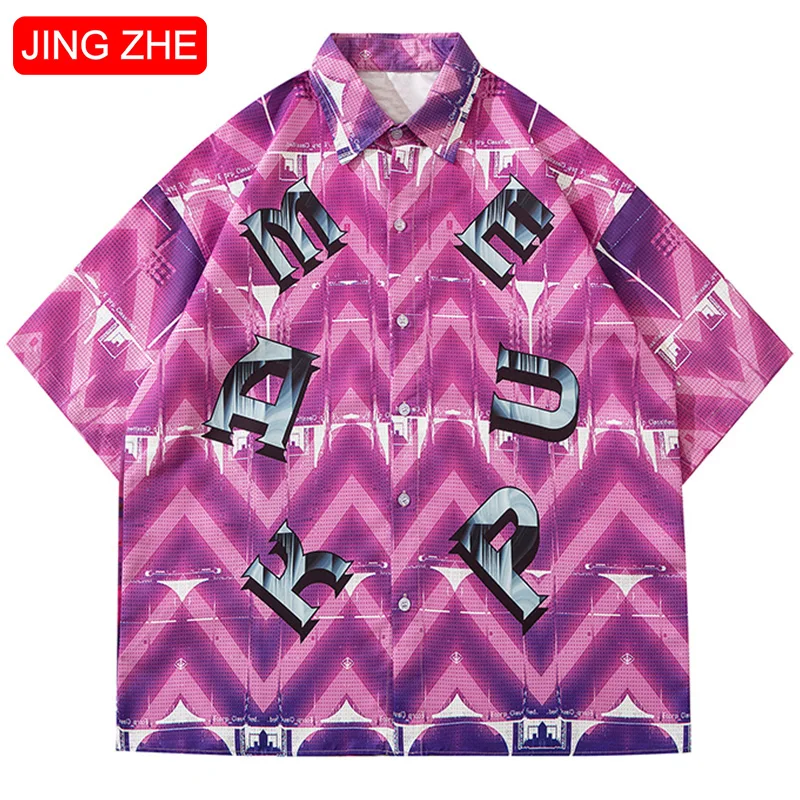 

JING ZHE Men Shirt Fashion Robot Letter Print Streetwear Loose Short Sleeve Tops Hip Hop Hipster High Street Cargo Shirts Summer