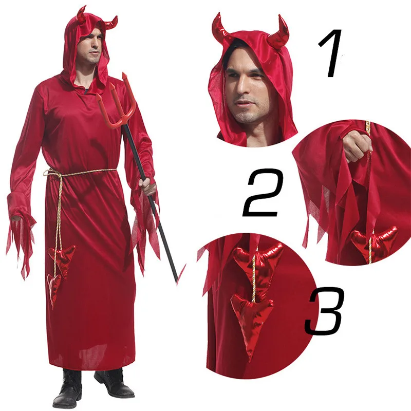 

Devil Costume Halloween Cosplay Adult Costume Man Party Medieval Satin Robe Hat Horn Suit Carnival Red Devil Apostle