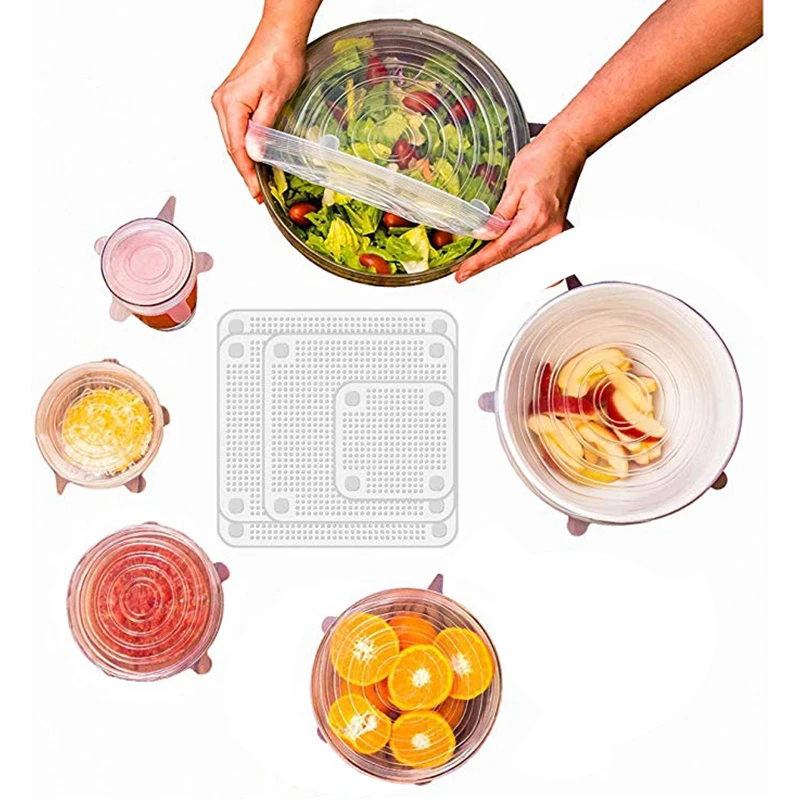 Кухонные силиконовые растягивающиеся крышки содержит 6 круглых и 4 мягких