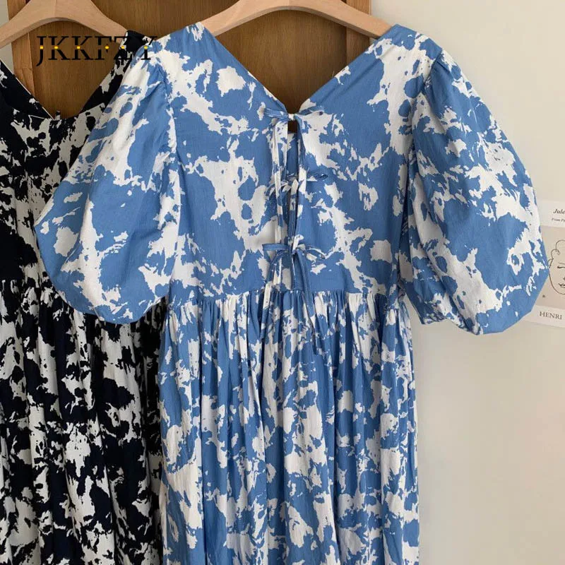 

Retro Thin Square Collar Ink Printing Backless Lace Loose Lantern Sleeve Dress Women Summer Long Dresses Blue Black
