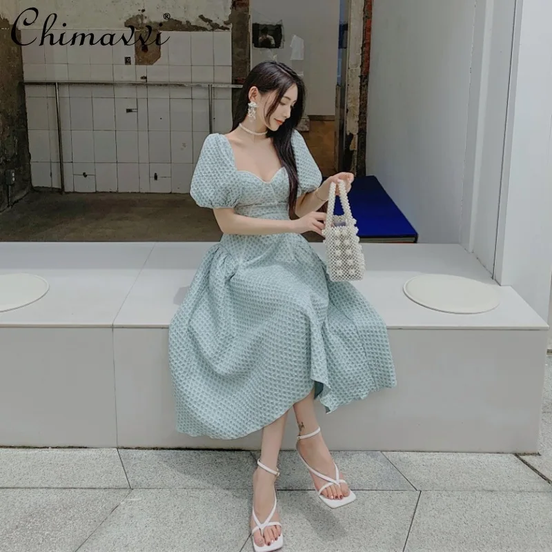 

Princess Puff Sleeve Sexy Backless Lace Up Jacquard Dress French High Waist Slimming Dress 2021 Summer Sweet Elegance Dress