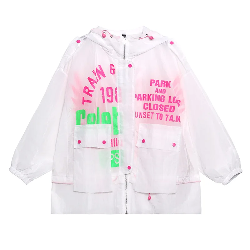 

Vefadisa Letter Print Summer Coat Women 2021 Breathable Loose Thin Coat Plus Size Hooded Sunscreen Coat Blue Green White QYF5426