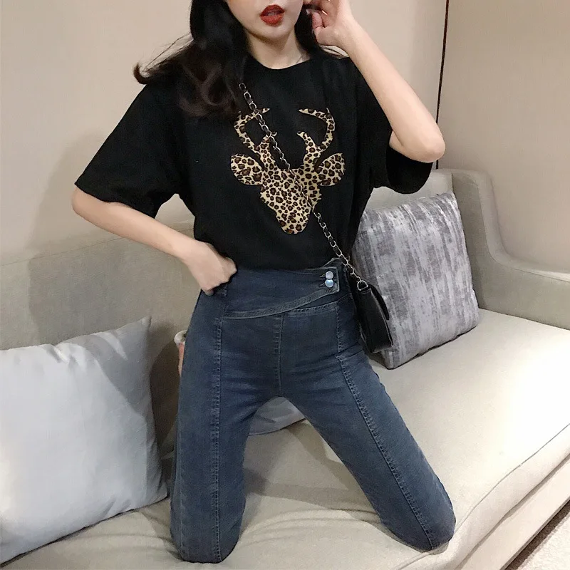 Женская футболка с леопардовым принтом и короткими рукавами|Футболки| |